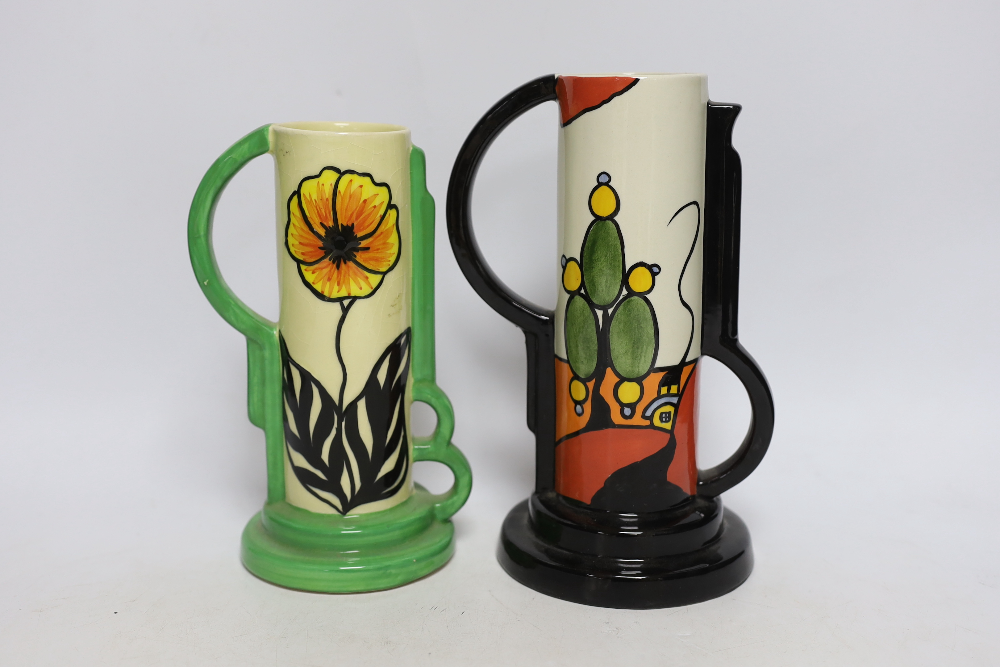 A Bernadette Eve “Orchard” jug, hand painted by Bernadette Eve and an Old Ellgreave “Marshland Cottage” jug, hand painted by Lorna Bailey, both in Clarice Cliff style, tallest 23.5cm